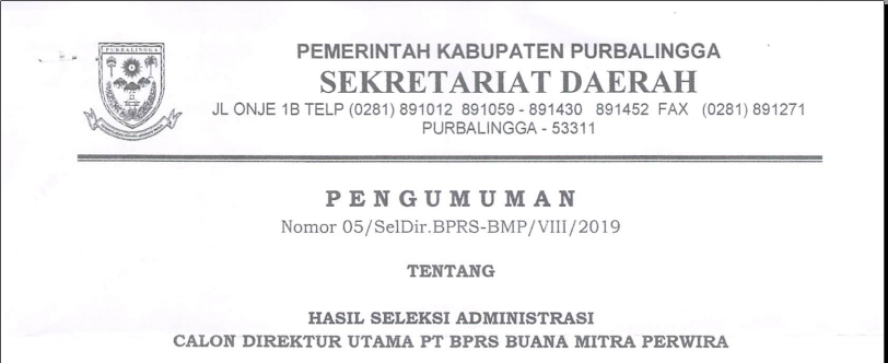 PENGUMUMAN!!! HASIL SELEKSI ADMINISTRASI CALON DIREKTUR UTAMA PT BPRS BUANA MITRA PERWIRA