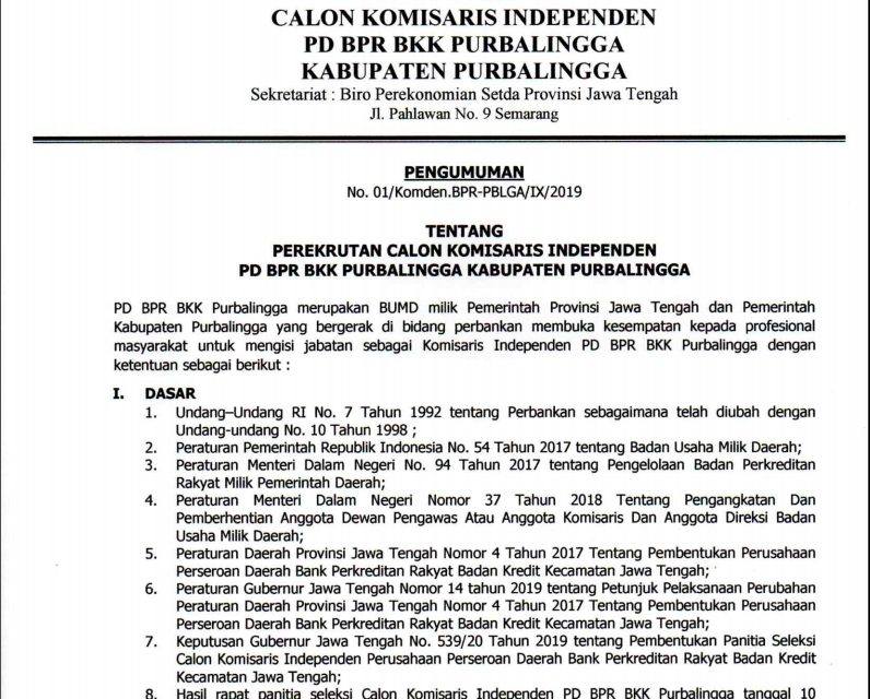 PENGUMUMAN!!! PEREKRUTAN CALON KOMISARIS INDEPENDEN PD BPR BKK PURBALINGGA KAB. PURBALINGGA