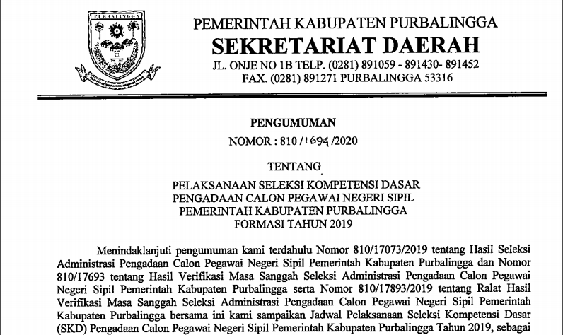 PENGUMUMAN!!! PELAKSANAAN SELEKSI KOMPETENSI DASAR CPNS PEMERINTAH KABUPATEN PURBALINGGA FORMASI TAHUN 2019