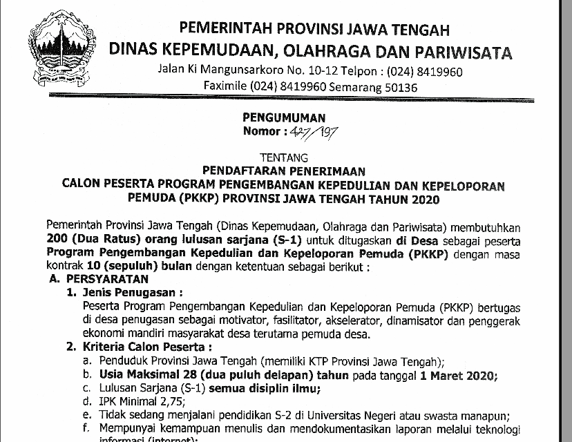 PENGUMUMAN!!! PENDAFTARAN PENERIMAAN CALON PESERTA PROGRAM PENGEMBANGAN KEPEDULIAN DAN KEPELOPORAN PEMUDA (PKKP) PROVINSI JAWA TENGAH TAHUN 2020