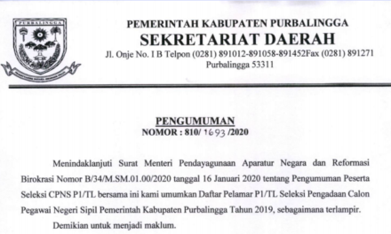 PENGUMUMAN!!! SELEKSI PENGADAAN CPNS P1 / TL TAHUN 2019 PEMERINTAH KABUPATEN PURBALINGGA