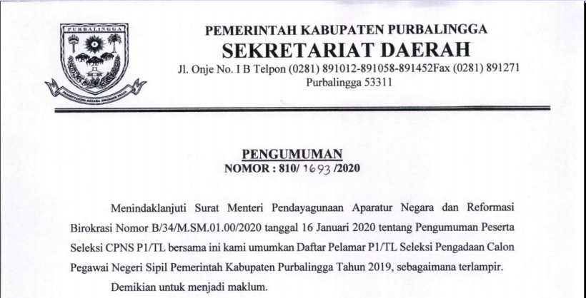 PENGUMUMAN!!! SELEKSI PENGADAAN CPNS P1 / TL TAHUN 2019 PEMERINTAH KABUPATEN PURBALINGGA