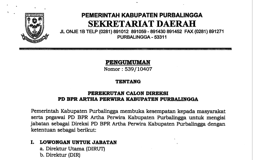 PENGUMUMAN!!! PEREKRUTAN CALON DIREKSI PD BPR ARTHA PERWIRA KABUPATEN PURBALINGGA