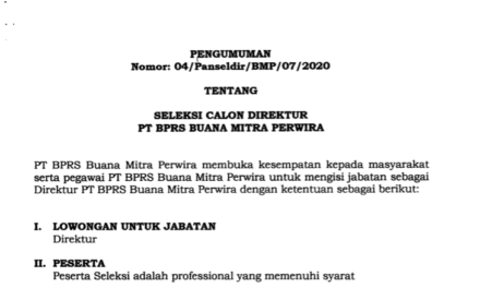 PENGUMUMAN!!! SELEKSI CALON DIREKTUR PT BPRS BUANA MITRA PERWIRA PURBALINGGA