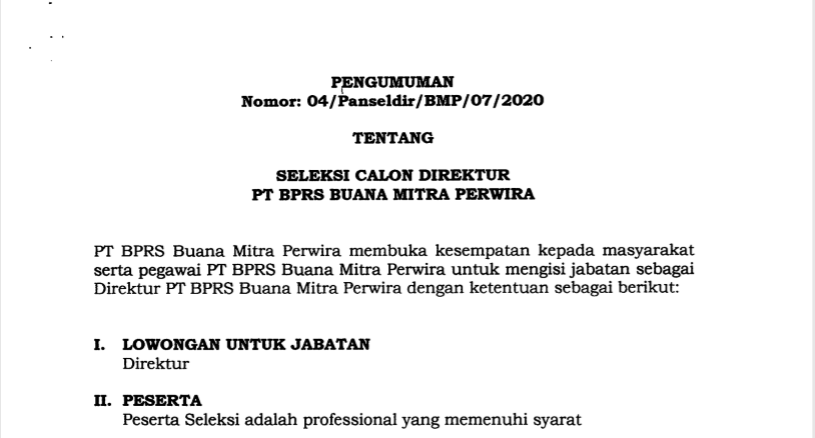 PENGUMUMAN!!! SELEKSI CALON DIREKTUR PT BPRS BUANA MITRA PERWIRA PURBALINGGA