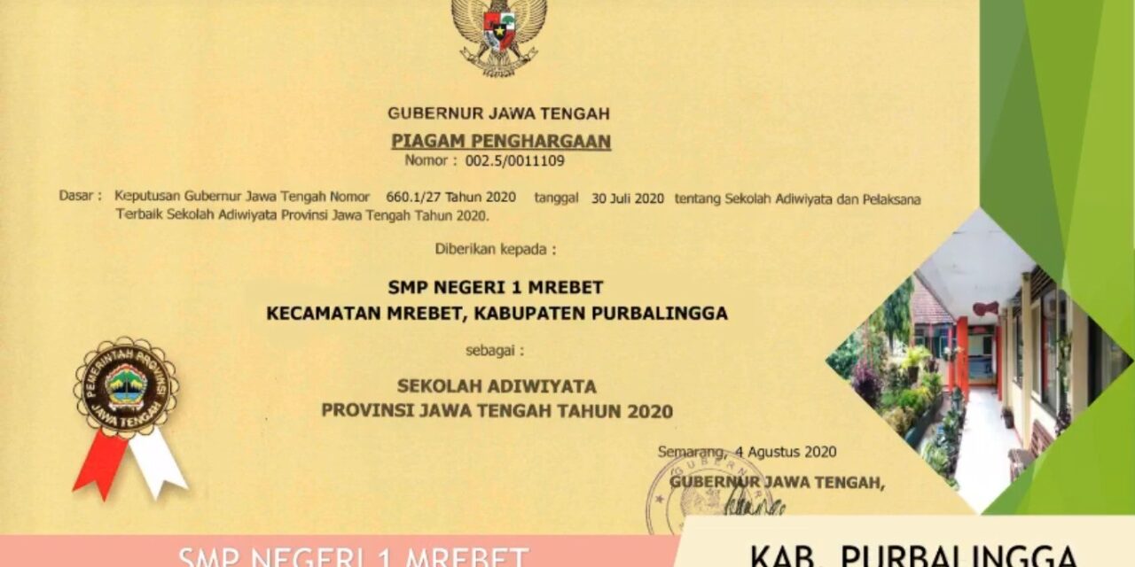 SMP N 1 Mrebet Dapat Penghargaan Sekolah Adiwiyata Provinsi Jawa Tengah 2020