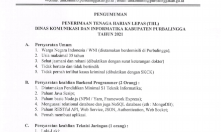 PENGUMUMAN!!! PENERIMAAN TENAGA HARIAN LEPAS DINKOMINFO PURBALINGGA TAHUN 2021