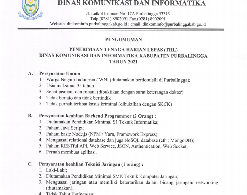 PENGUMUMAN!!! PENERIMAAN TENAGA HARIAN LEPAS DINKOMINFO PURBALINGGA TAHUN 2021