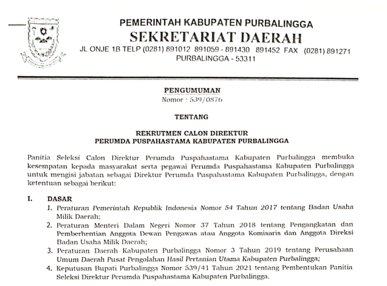 PENGUMUMAN!!! REKRUTMEN CALON DIREKTUR PERUMDA PUSPAHASTAMA KABUPATEN PURBALINGGA