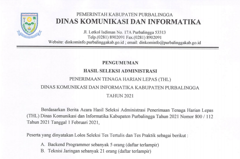 PENGUMUMAN!!! HASIL SELEKSI ADMINISTRASI PENERIMAAN TENAGA HARIAN LEPAS (THL) DINKOMINFO PURBALINGGA TAHUN 2021