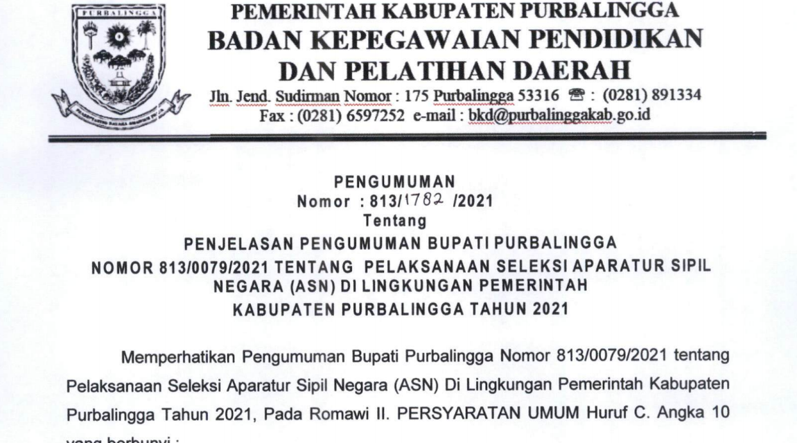 PENGUMUMAN!!! PENJELASAN PENGUMUMAN BUPATI PURBALINGGA TENTANG PELAKSANAAN SELEKSI ASN TAHUN 2021