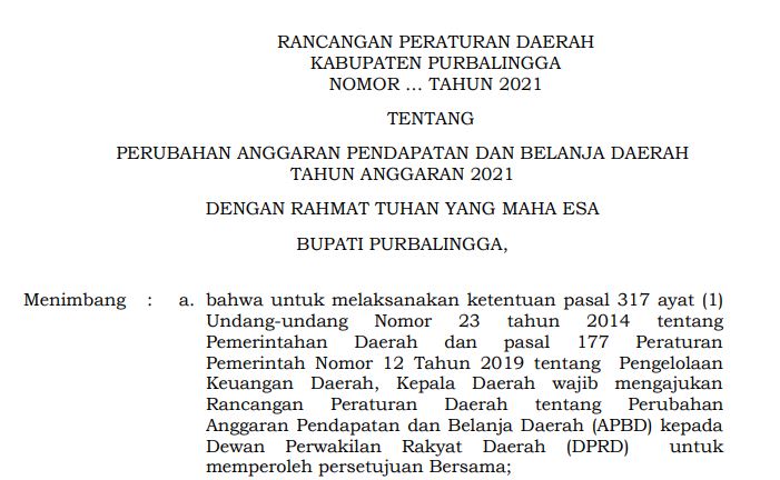 RAPERDA KABUPATEN PURBALINGGA APBD TAHUN 2021