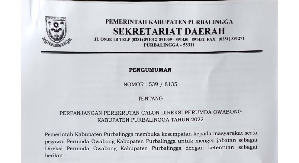 Pengumuman Perpanjangan Perekrutan Calon Direksi Perumda Owabong Kab. Purbalingga