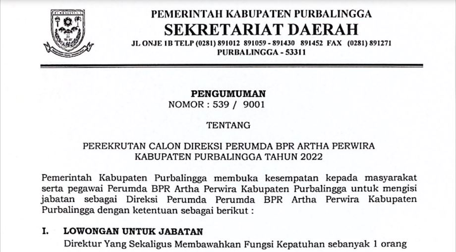 Pengumuman Perekrutan Calon Direksi Perumda BPR Artha Perwira Kab. Purbalingga